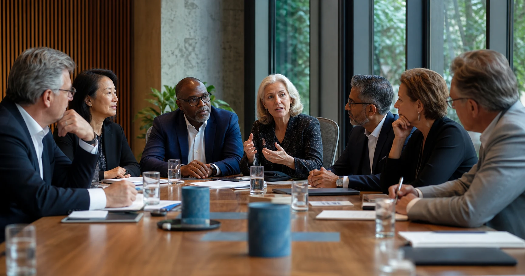 Senior international business and education leaders in a council meeting